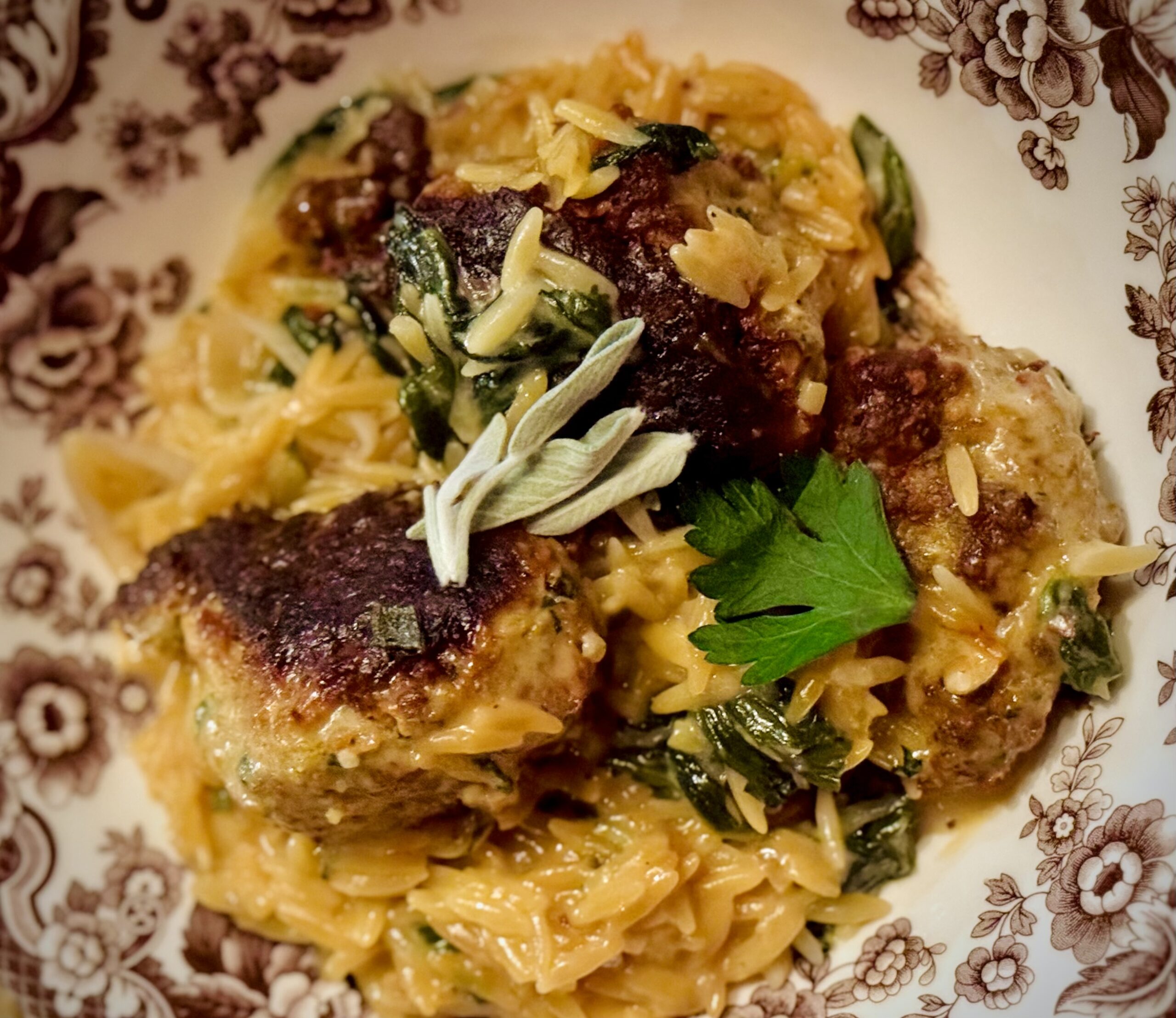 Easy Roasted Ground Turkey Meatball Recipe in Creamy Orzo and Spinach Pine & Palm Kitchen