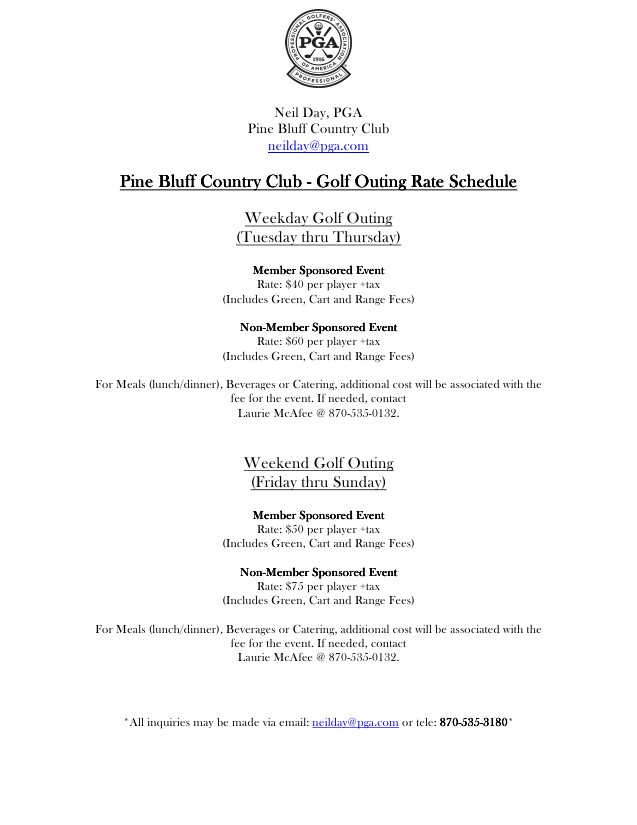 Outing Rate Schedule Pine Bluff Country Club