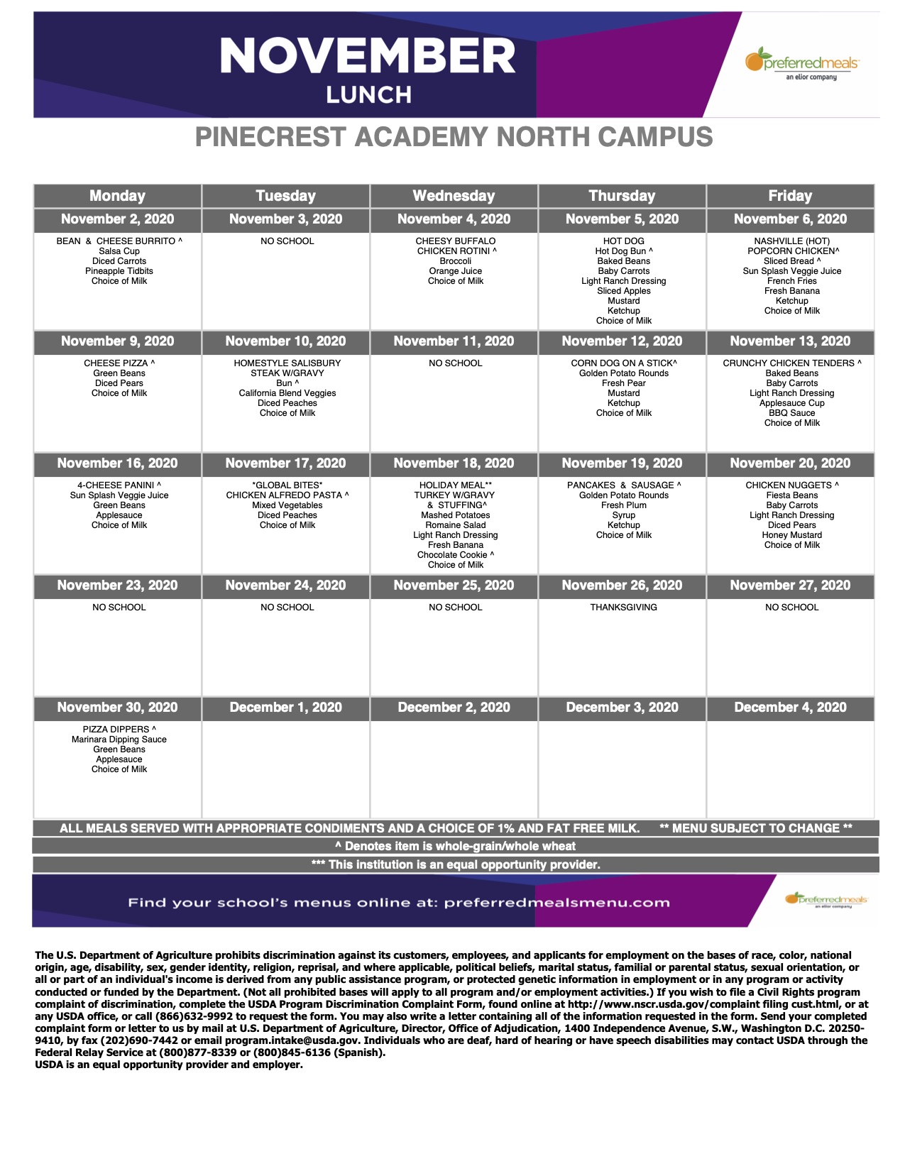 Lunch Menu Lunch Pinecrest Academy North Charter School
