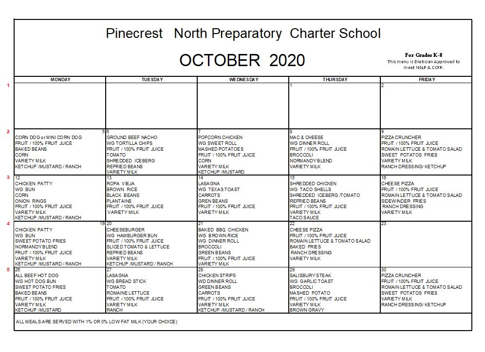 Lunch Menu Lunch Pinecrest North Preparatory