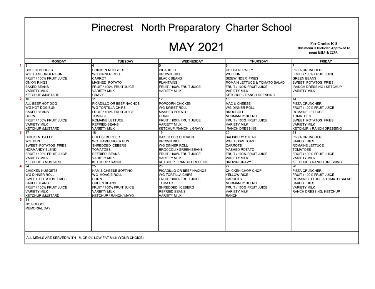 Lunch Menu Lunch Pinecrest North Preparatory