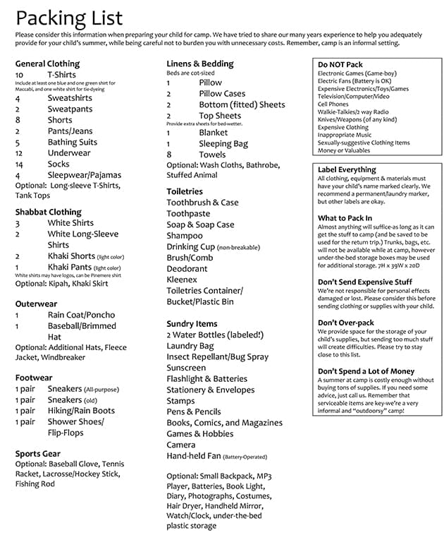 Packing List Pinemere Camp