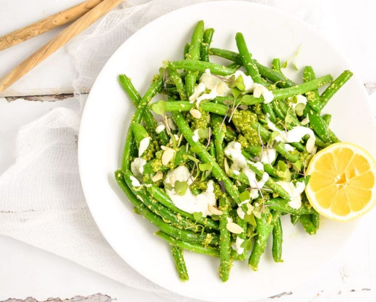 Snap Pea and Green Bean Salad with Arugula Pesto PinkWhen