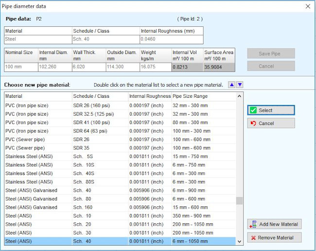 Pipe Flow Expert Software Pipes & Fittings Database Screenshots