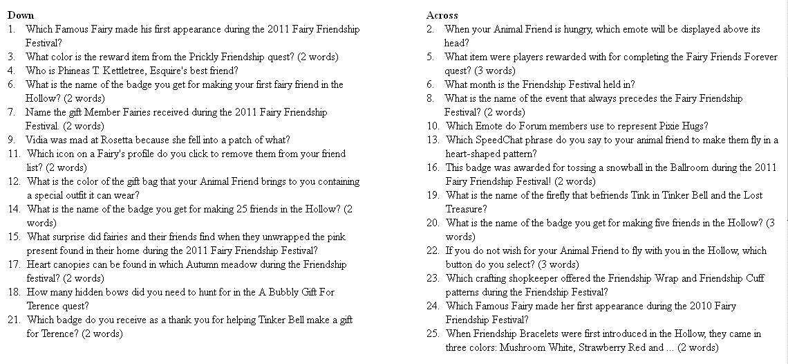 February 2012 Crossword Puzzle Contest Pixie Hollow Disney Fairies