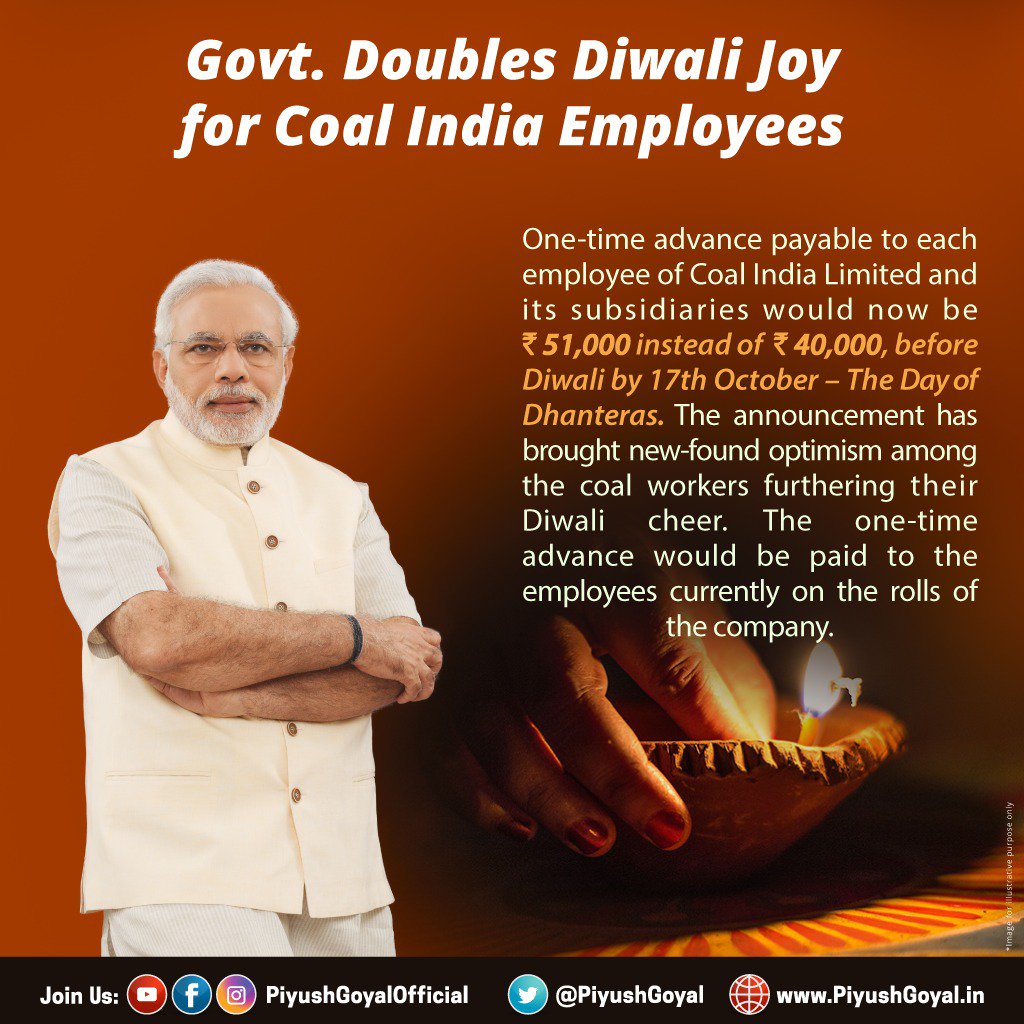 Govt. doubles Diwali joy for Coal India employees by announcing one-time advance of ₹51,000 instead of ₹40,000.