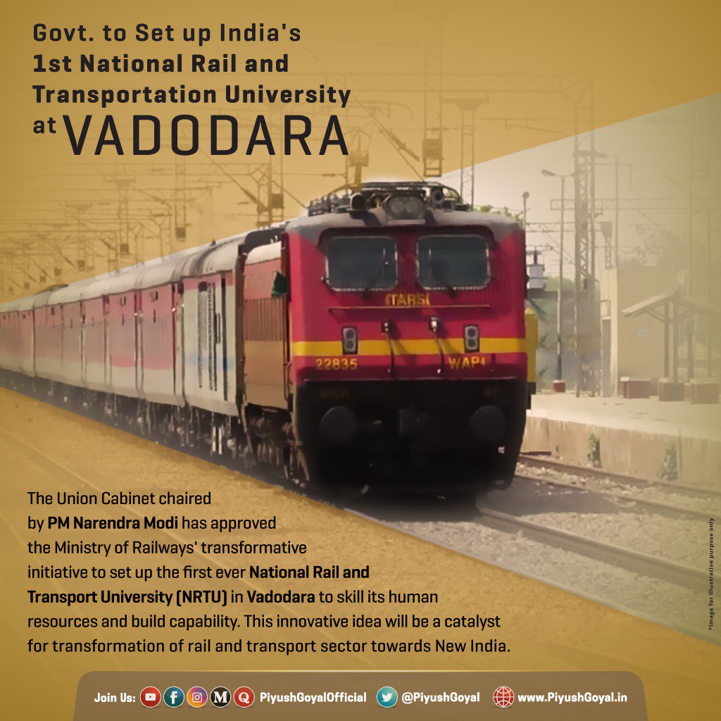 Govt. to set up India’s 1st National Rail and Transportation University in Vadodara, Gujarat which will help create a resource pool of skilled manpower and leverage state-of-the-art technology to provide better safety, speed and service in Indian Railways