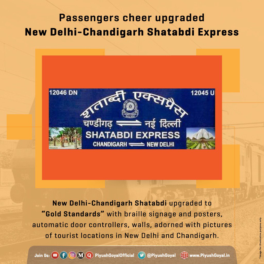 Railways Enhancing Passenger Experience: Govt. has upgraded the New Delhi-Chandigarh Shatabdi Express to “gold standards” with braille signage & posters, automatic door controllers, odour controllers, and many other facilities