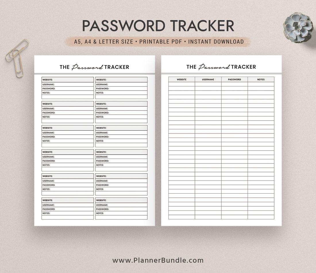 Password Tracker, Password Keeper, Filofax A5, A4, Letter Size, Planner Binder, Filofax A5