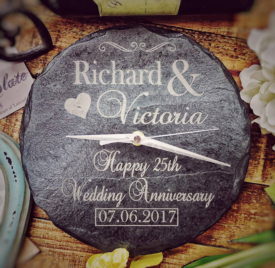 Personalised Round Slate Wedding/Anniversary Clock 22cm Platters Slate