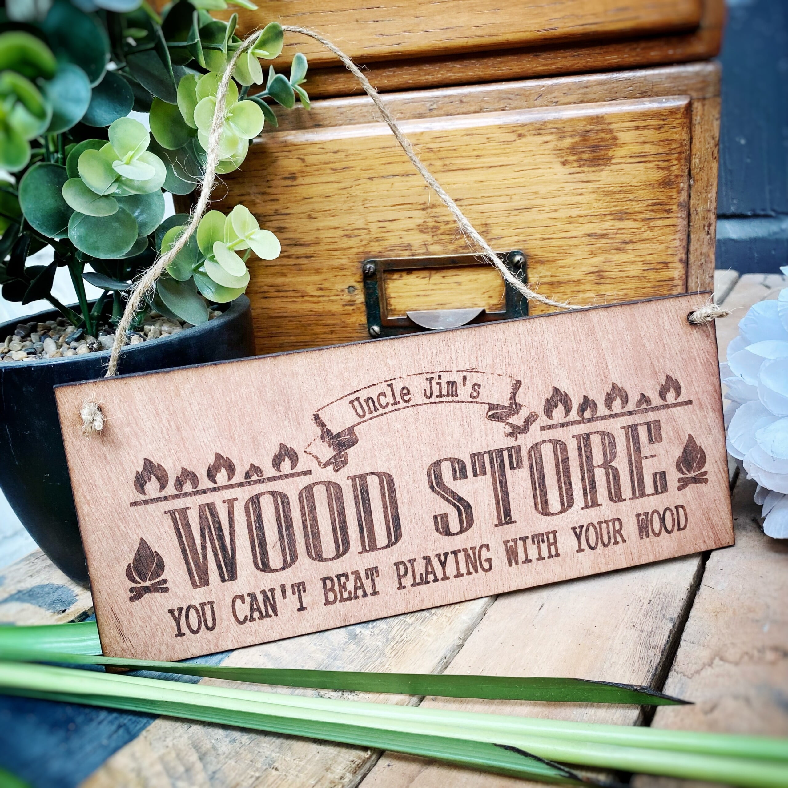 Personalised Wooden Wood Store / Log Store Hanging Sign Platters Slate