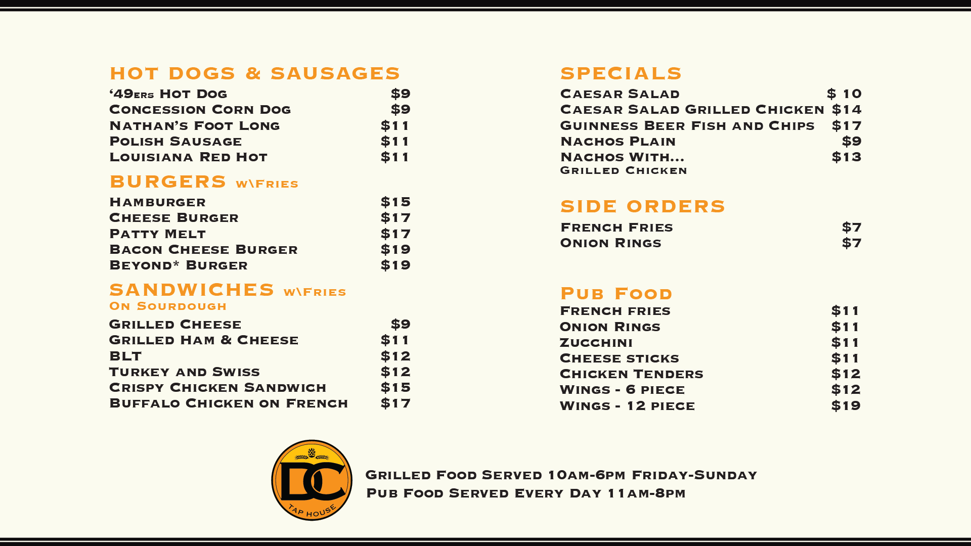DC Tap House Menu