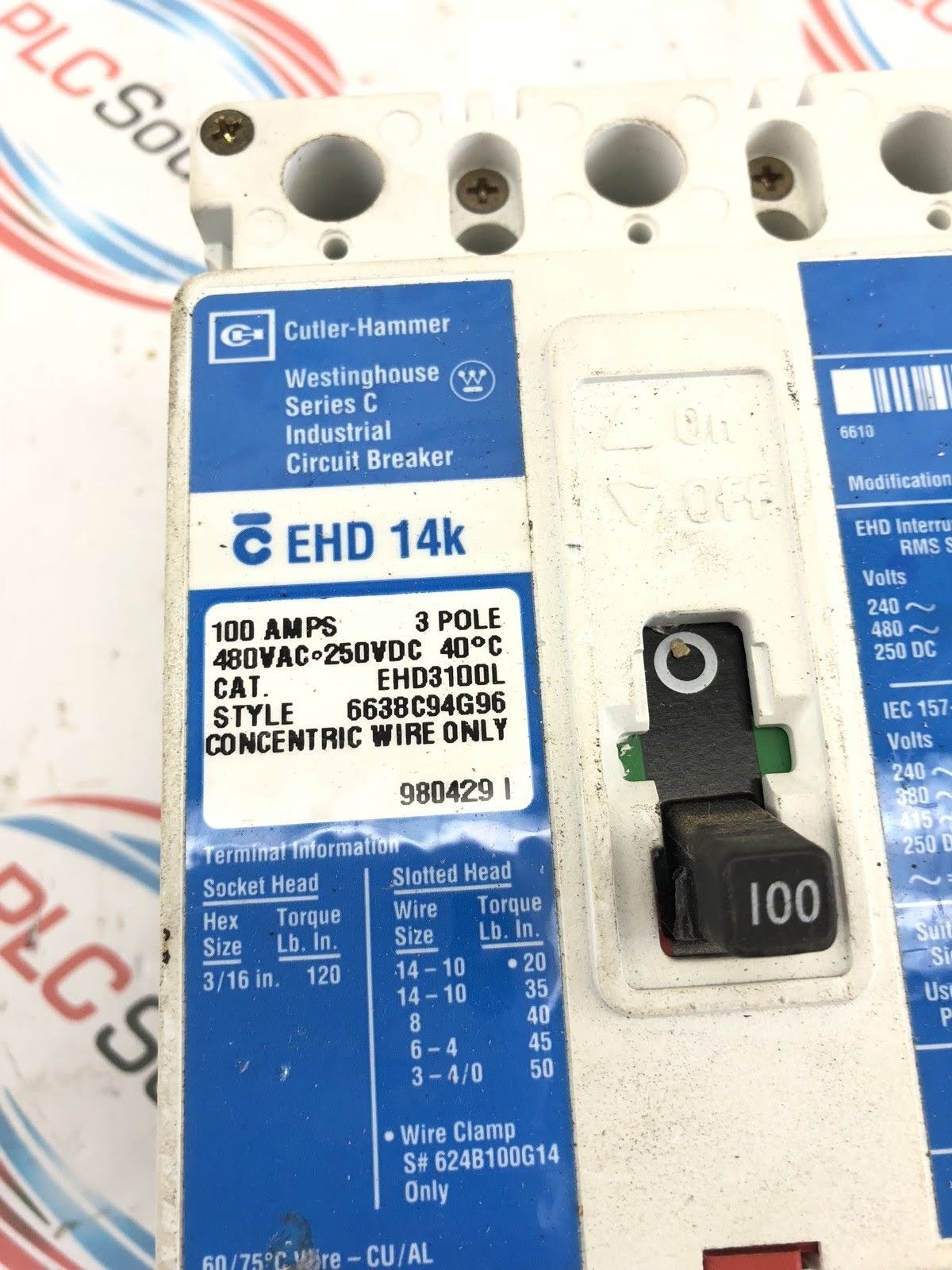 WESTINGHOUSE CUTLER HAMMER EHD 14K EHD3100L 3 POLE 100 AMP CIRCUIT BREAKER