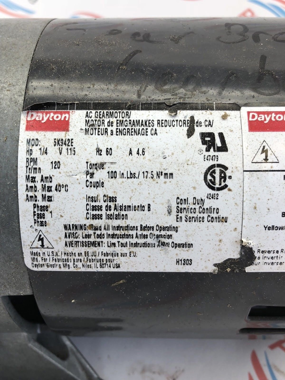 DAYTON PARALLEL SHAFT SPLIT PHASE GEAR MOTOR 5K942E HP 1/4