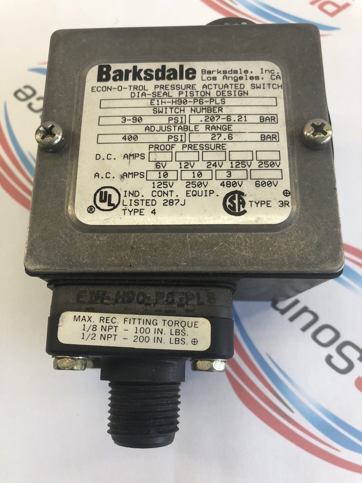 BARKSDALE E1HH90P6PLS PRESSURE ACTUATED SWITCH