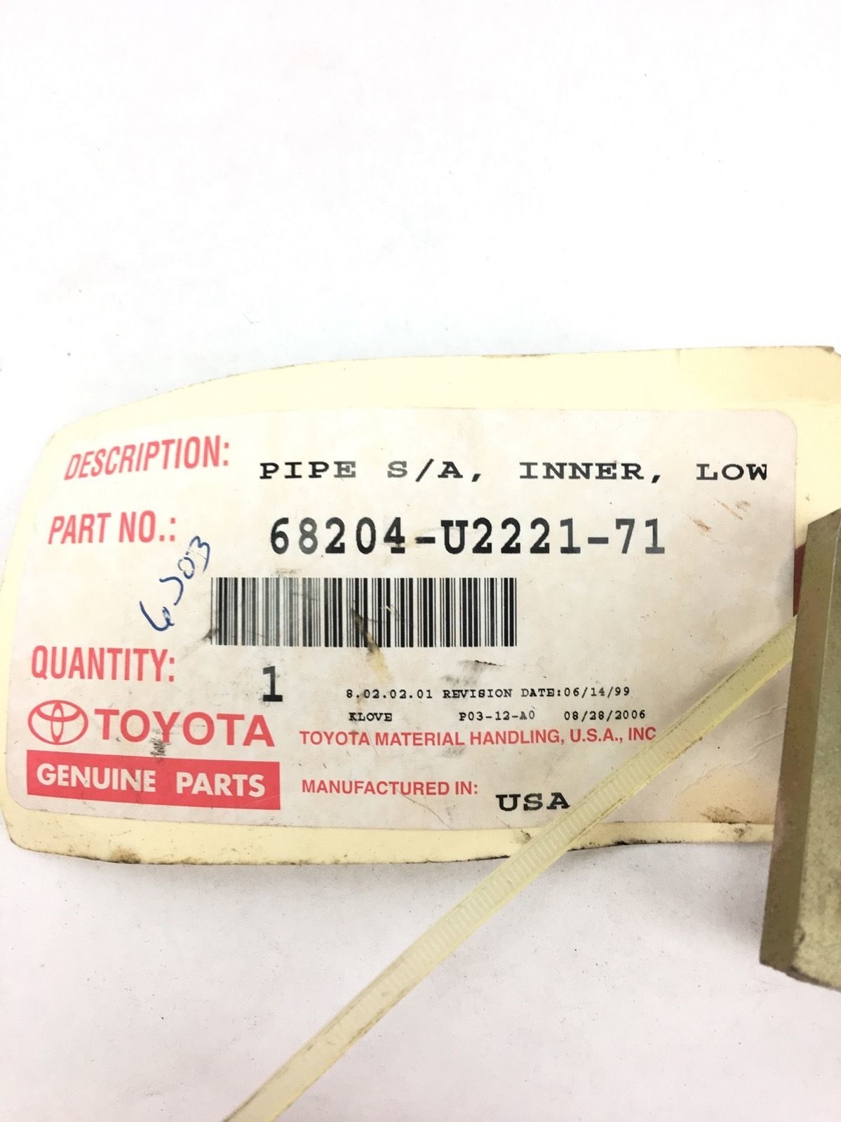 TOYOTA 68204-U2221-71 PIPE SUB ASSEMBLY, INNER LOW, SB1