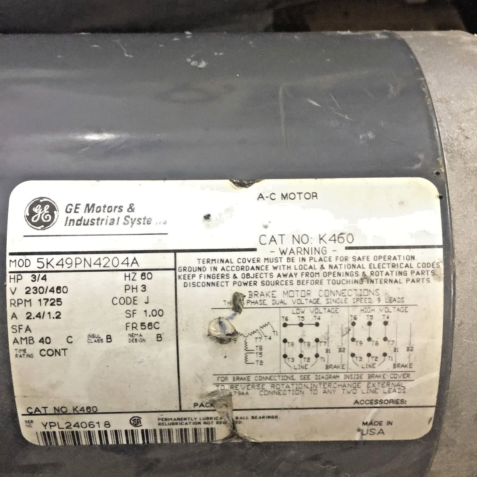 GENERAL ELECTRIC GE 5K49PN4204A ELECTRIC MOTOR 3 PHASE 1725RPM 3/4HP (NP14)
