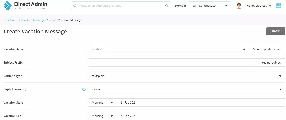 How to set vacation messages in DirectAdmin PlotHost