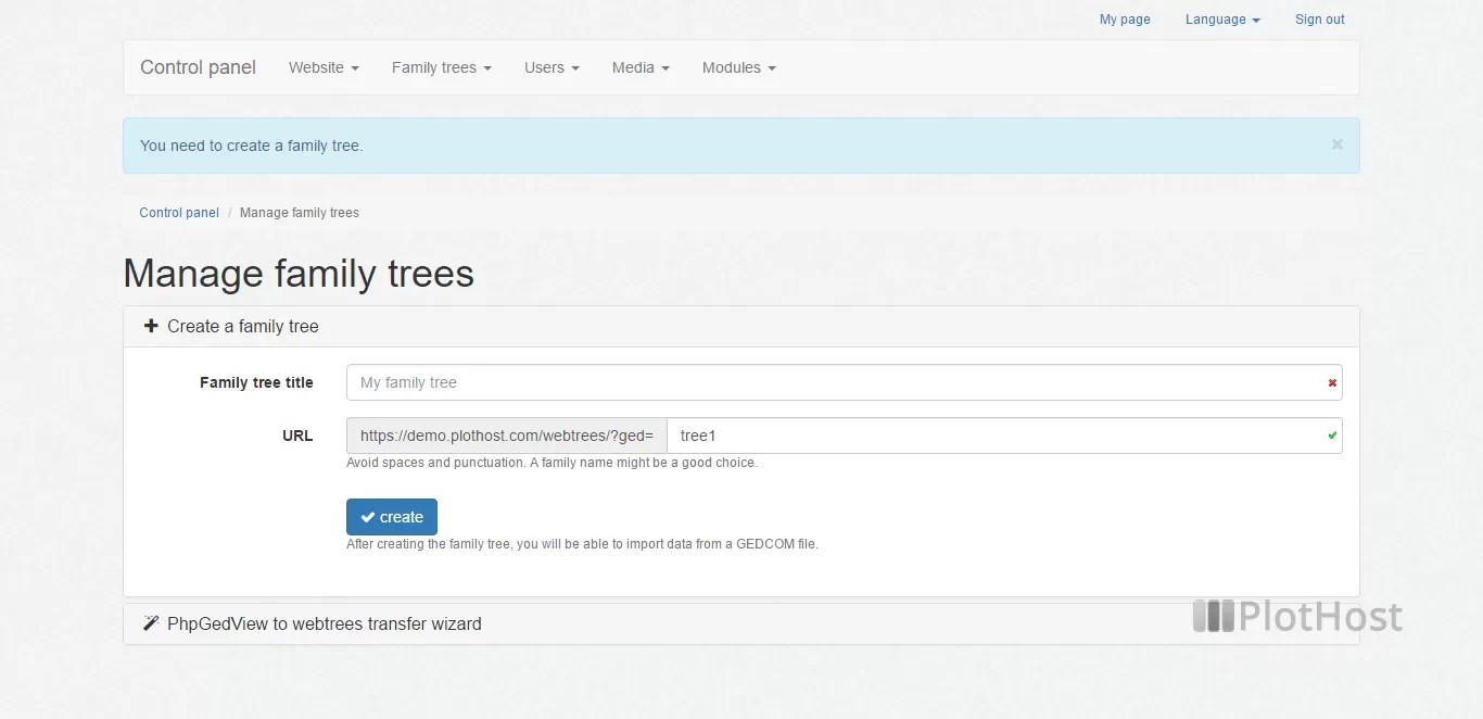 webtrees Hosting 1Click Install Fully Managed PlotHost