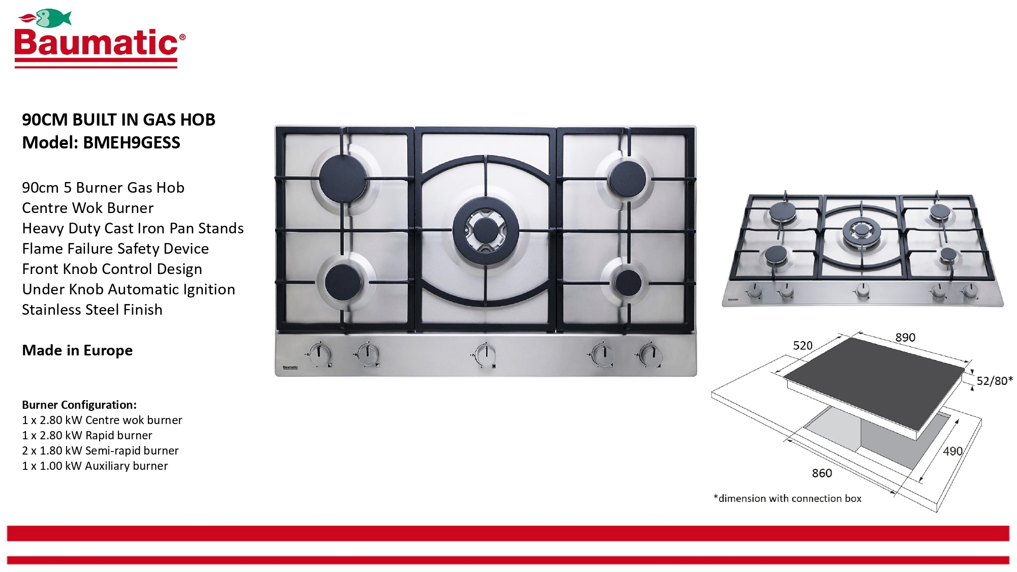 Baumatic 90cm 5 Burner Built In Gas Hob Stainless Steel, Silver