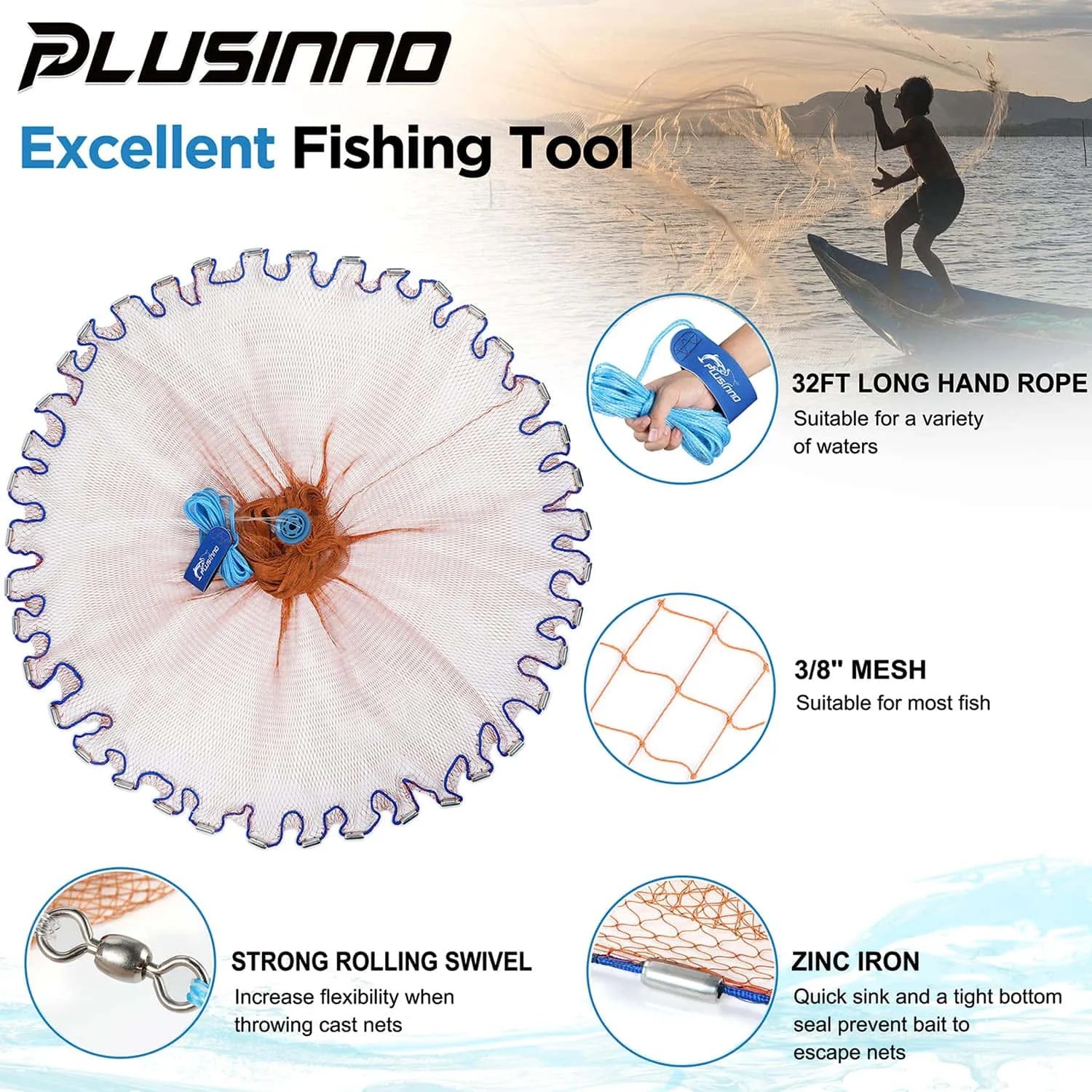 PLUSINNO Cast Net with Aluminum Frisbee Plusinno