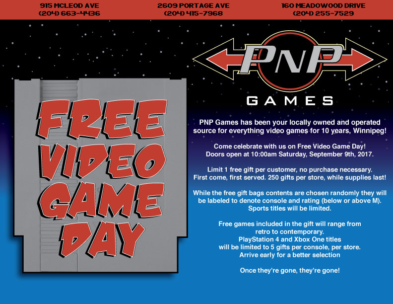 Free Video Game Day September 9th, 2017 PNP Games