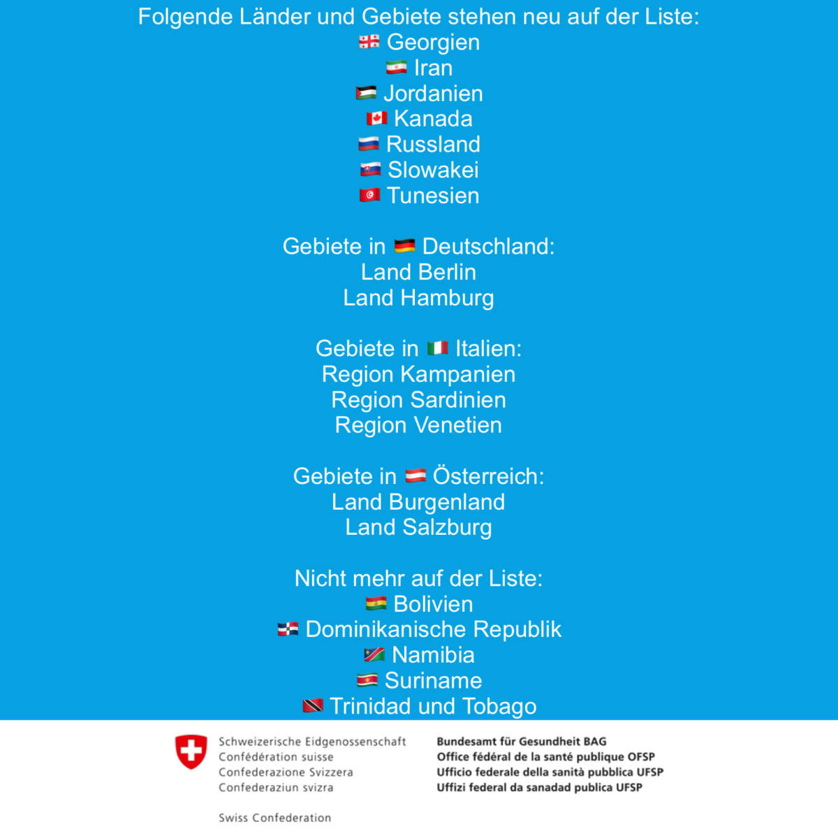 Das ist die neue QuarantäneListe vom BAG