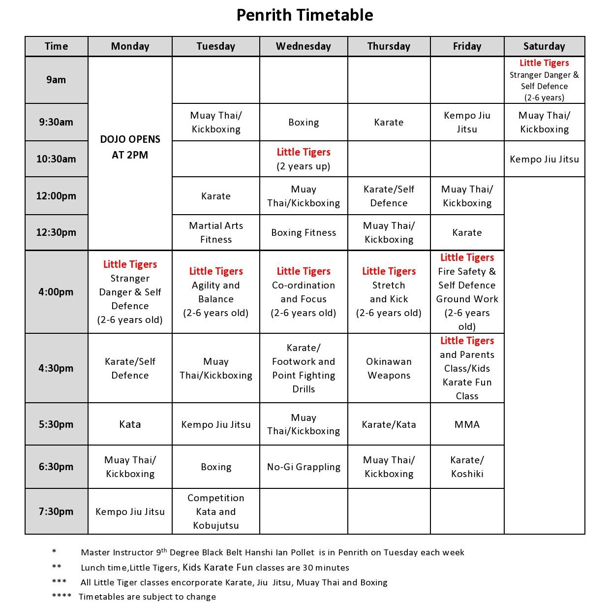 Penrith Timetable Pollet’s Martial Arts Centre