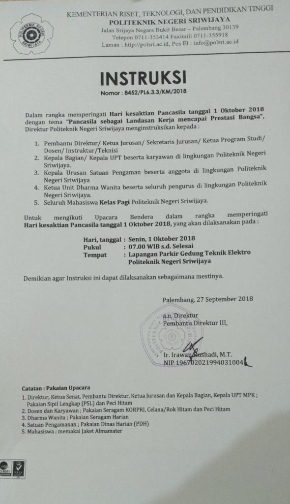 Instruksi Upacara Memperingati Hari Kesaktian Pancasila 1 Oktober 2018 |  POLSRI | POLITEKNIK NEGERI SRIWIJAYA