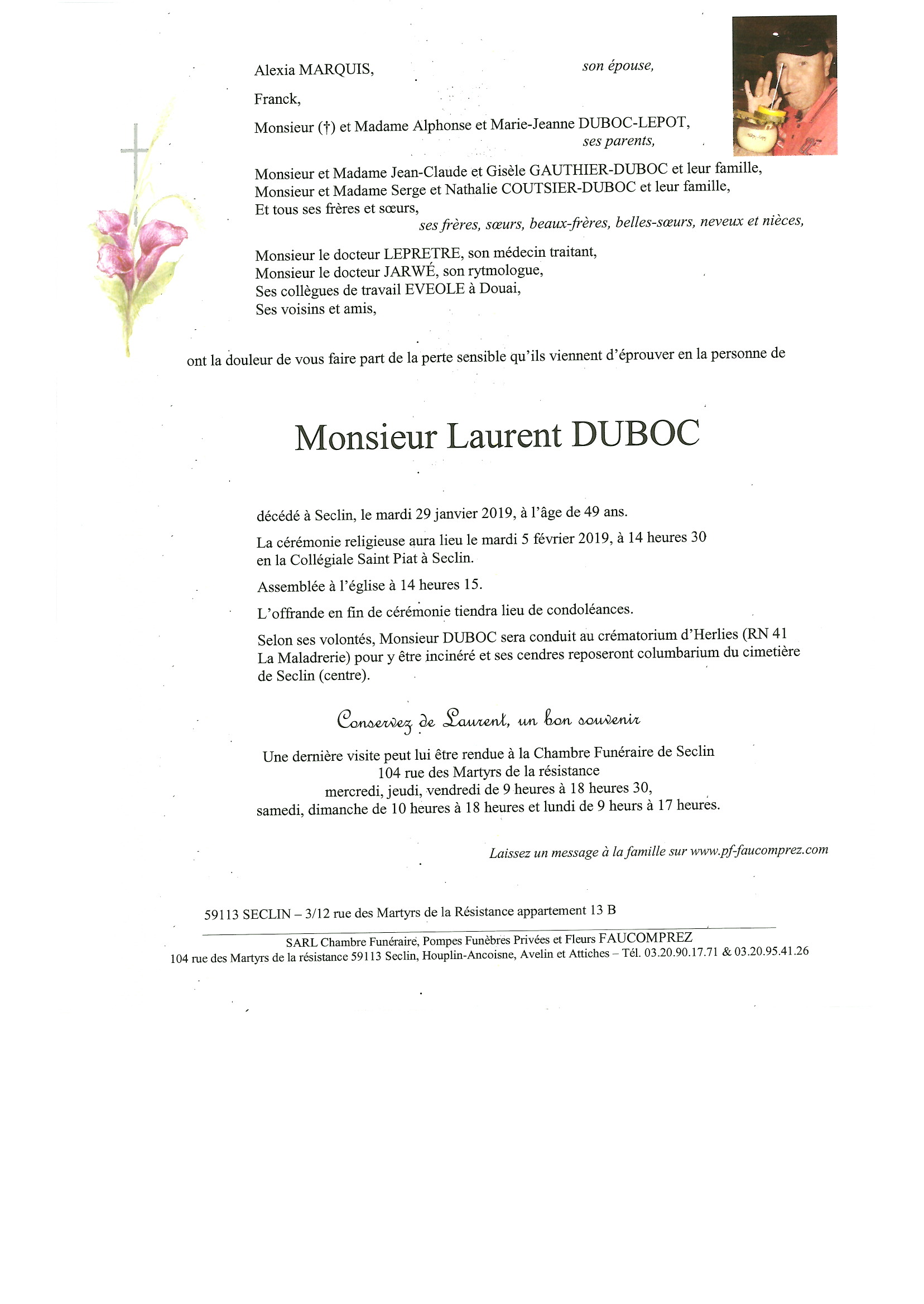 Monsieur Laurent DUBOC Pompes Funèbres