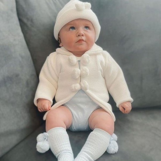White Knitted Pom Pom Jacket & Hat Pom Pom Baby Baby Clothing