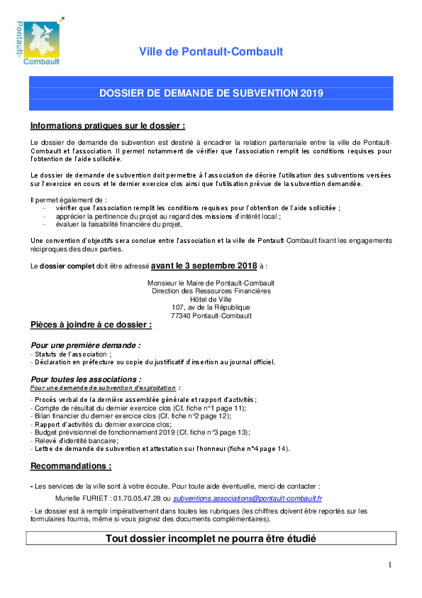 Associations demande de subventions Mairie de Pontault