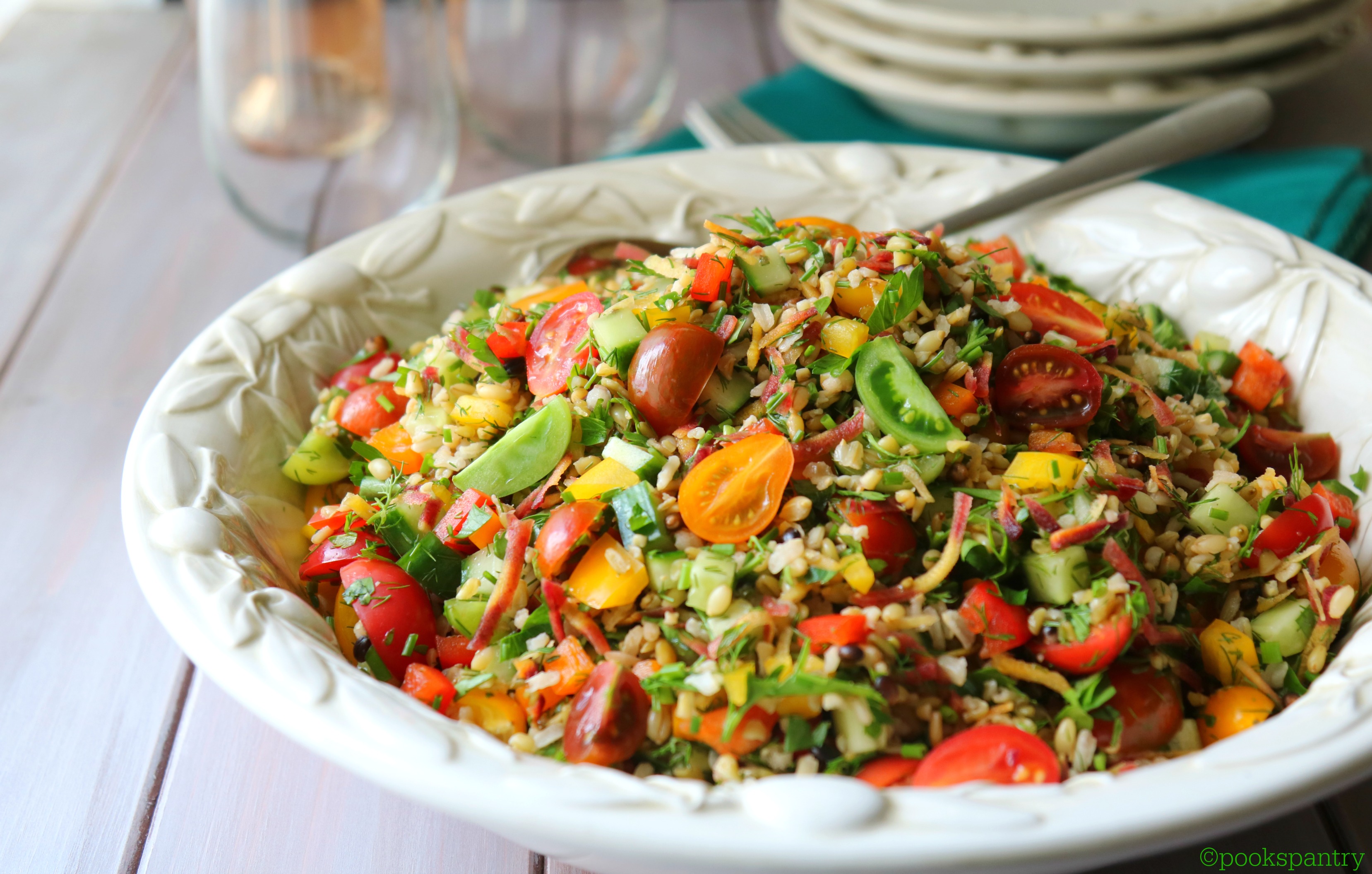 Summer Grain Salad with Rainbow Carrots, Heirloom Tomatoes and Herbs