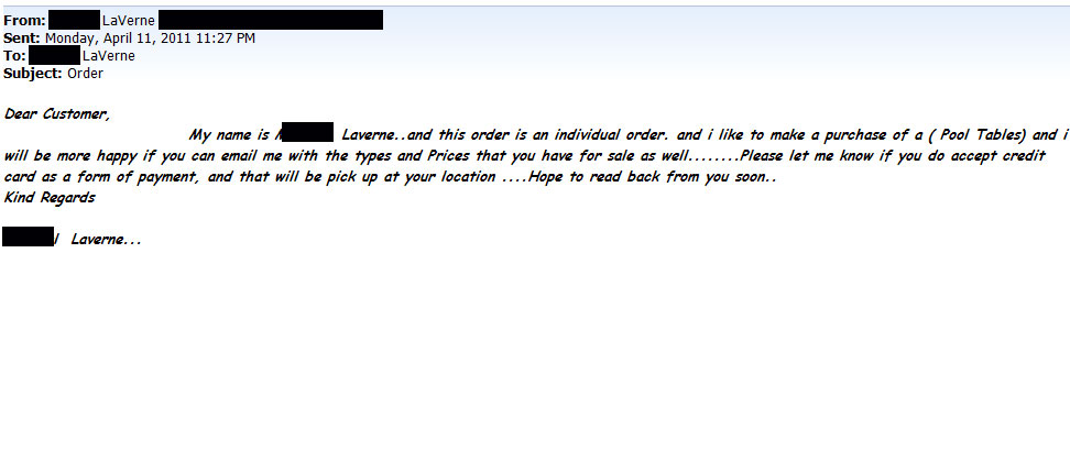 Silly Fraud Email Pool Cues and Billiards Supplies at