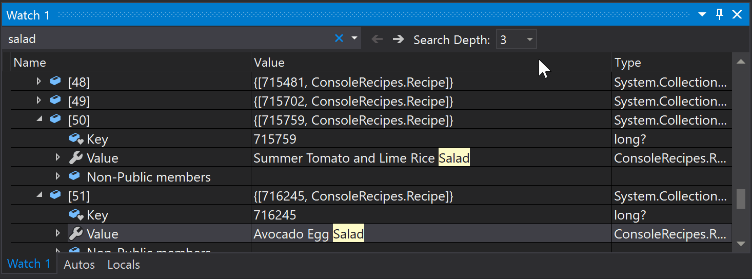 Advanced Visual Studio search in Watch, Autos and Local windows