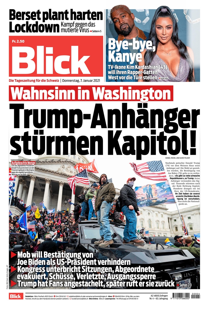 On front pages after proTrump mob storms Capitol 'Chaos