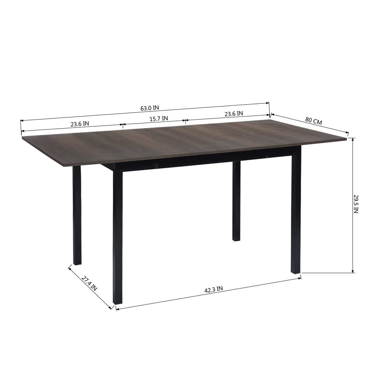 FurnitureR 0500100015314 Extendable Dining Table 63'' Rectangle, Black