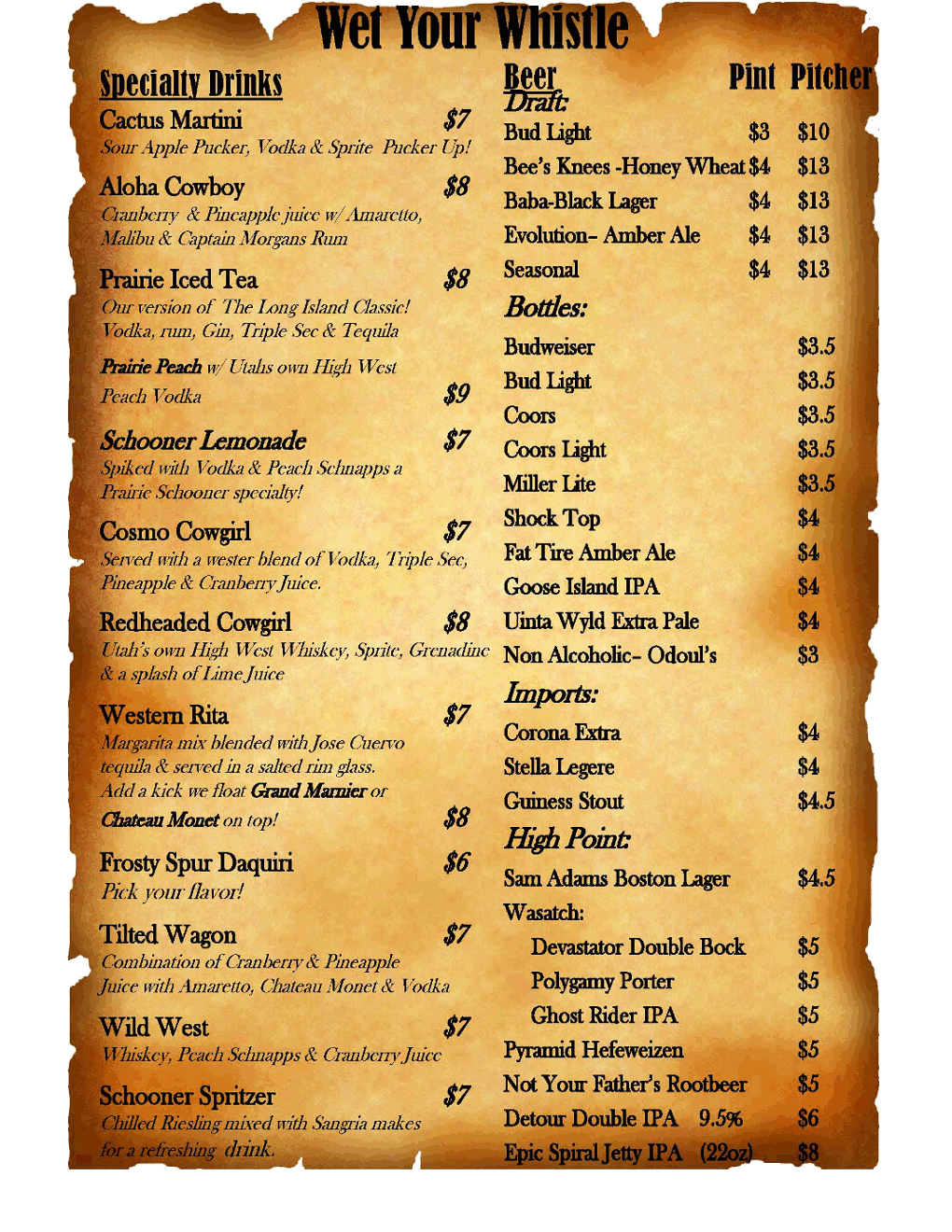 Menus Prairie Schooner Steak House