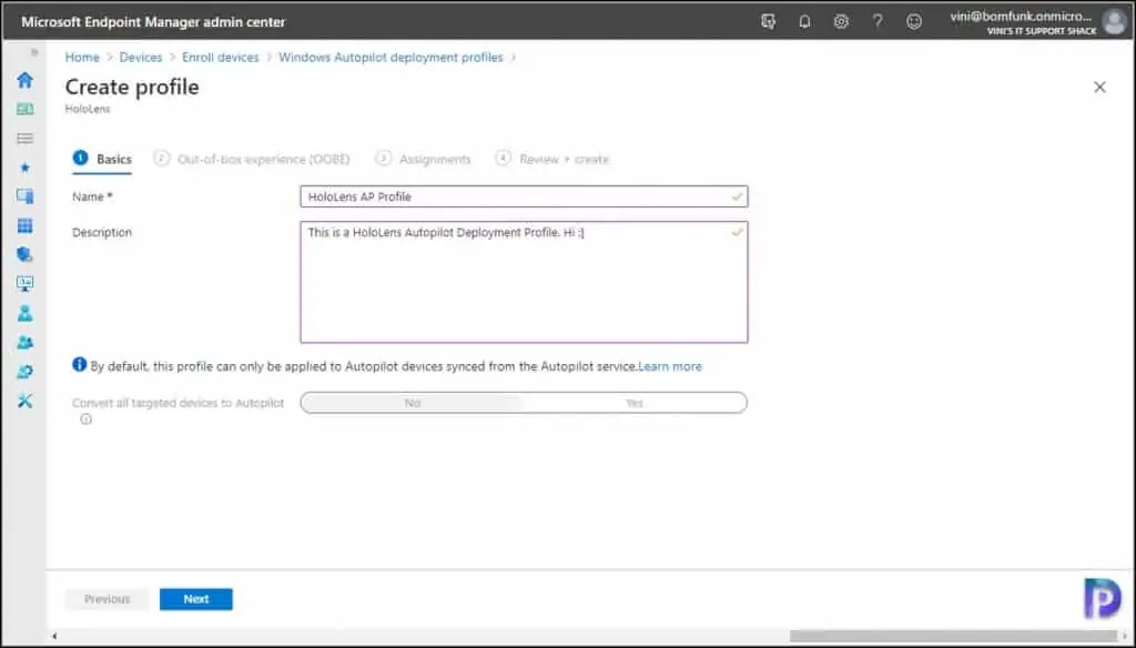Create Autopilot Profile for HoloLens 2 Devices