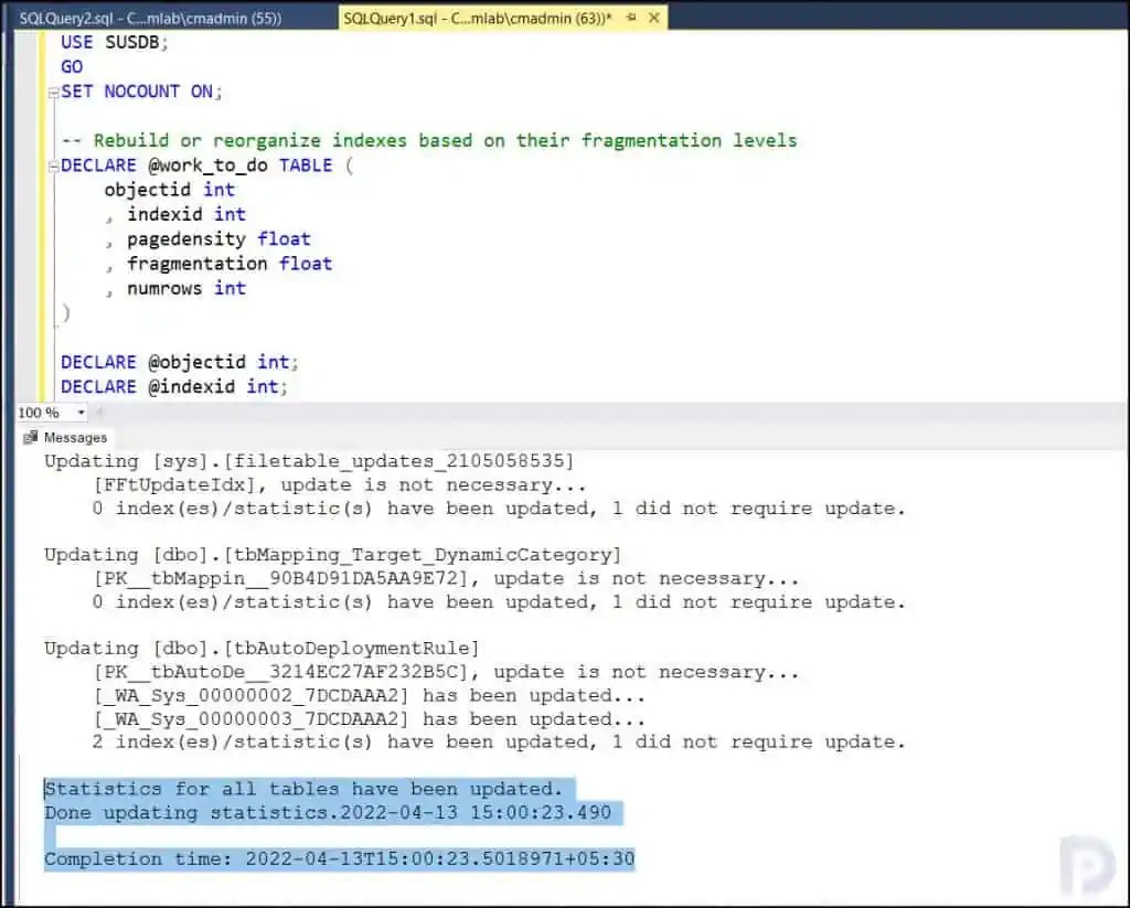 Quickly Reindex WSUS Database using TSQL Script