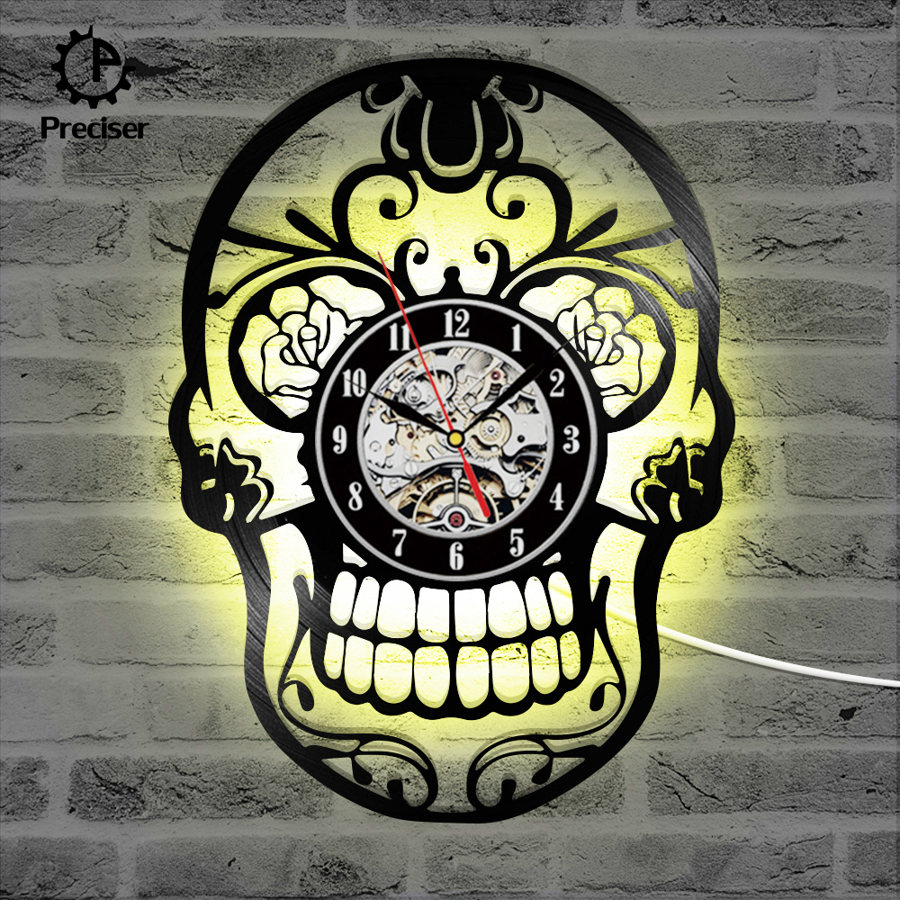 Preciser Sugar Skull Ornament Vinyl Wall Clock Flowers Skull Vintage