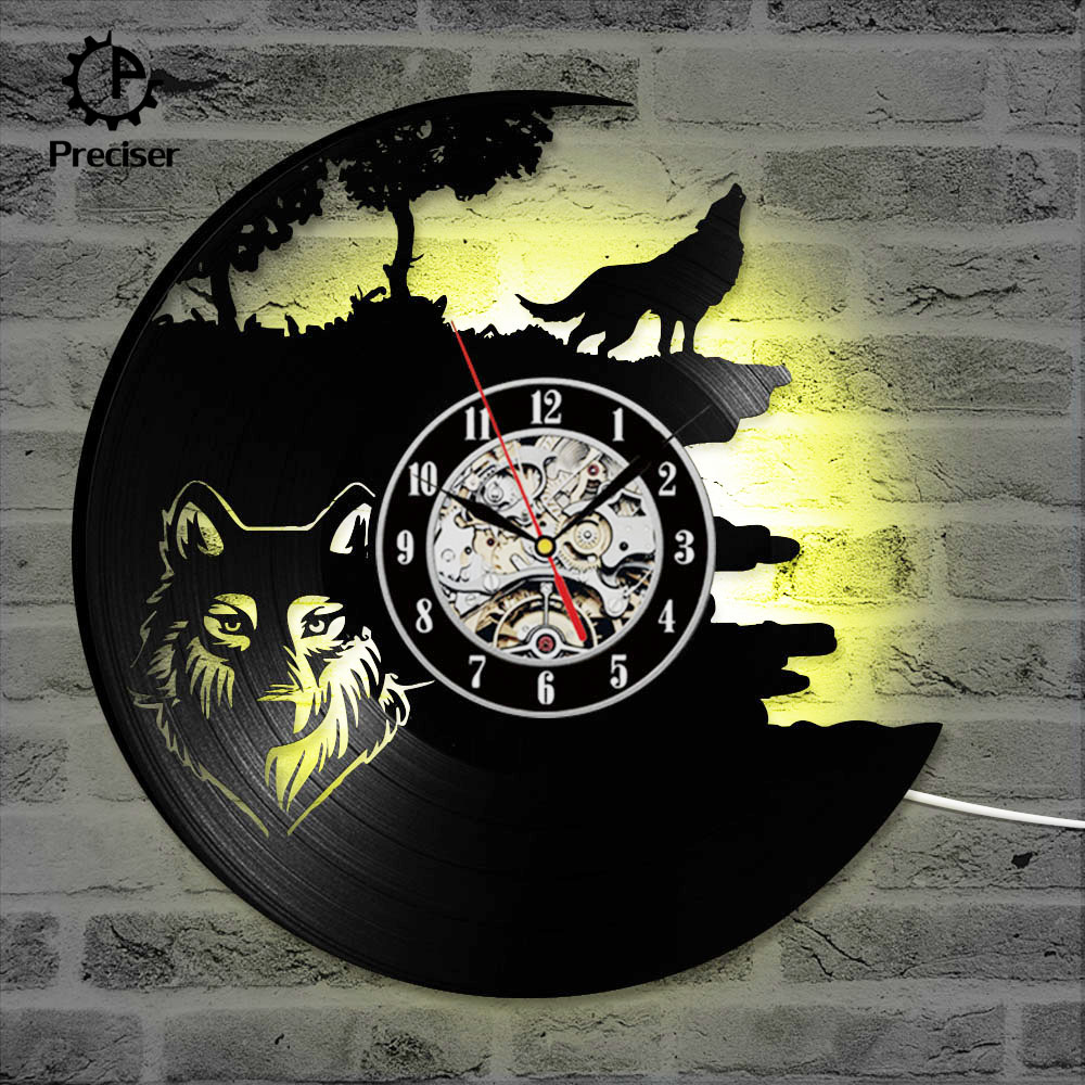 Preciser Wolf Pictures Vinyl Record Wall Clock Hollow Antique Style