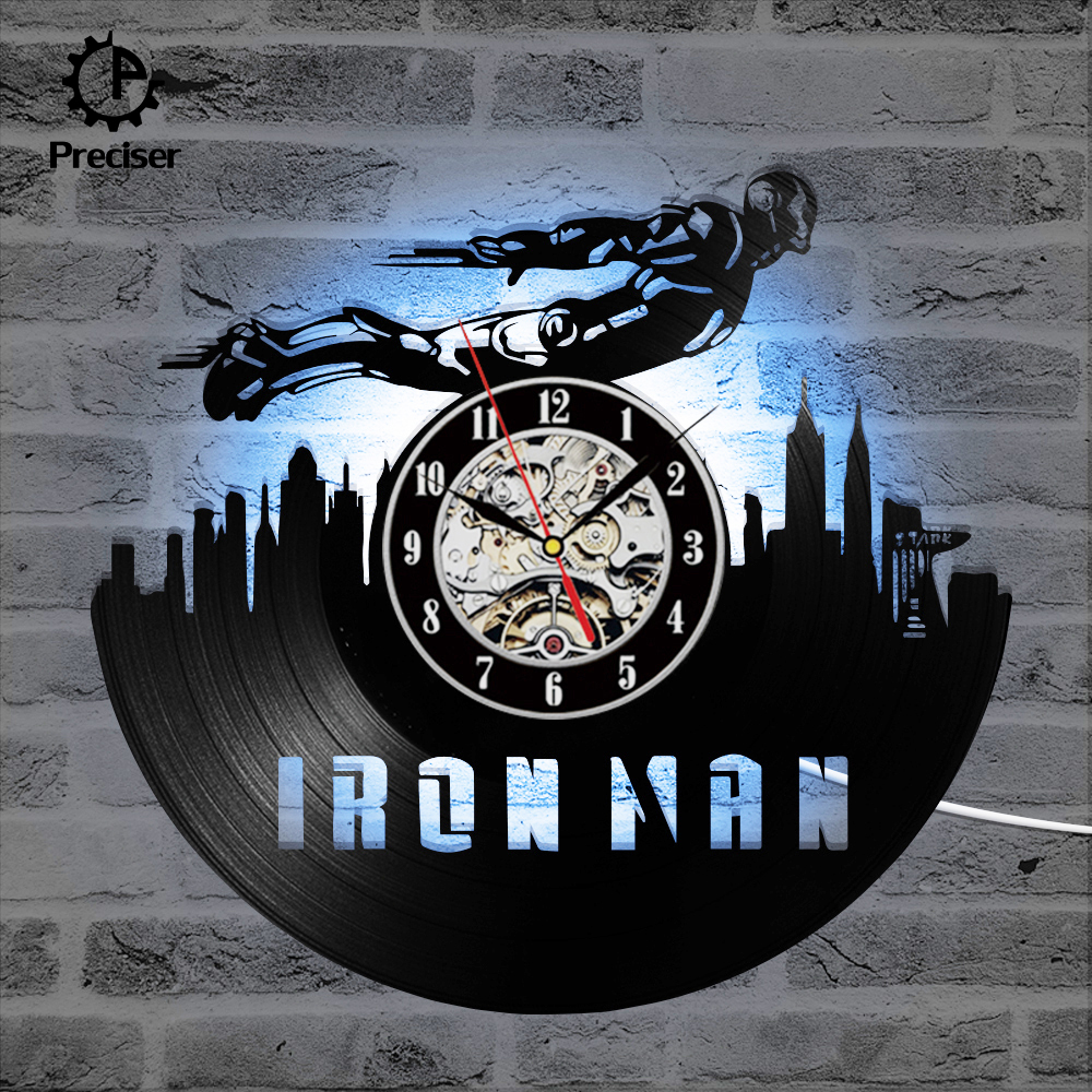Preciser Black Hollow Iron Man Record Clock Made of Vinyl 3D Wall Clock