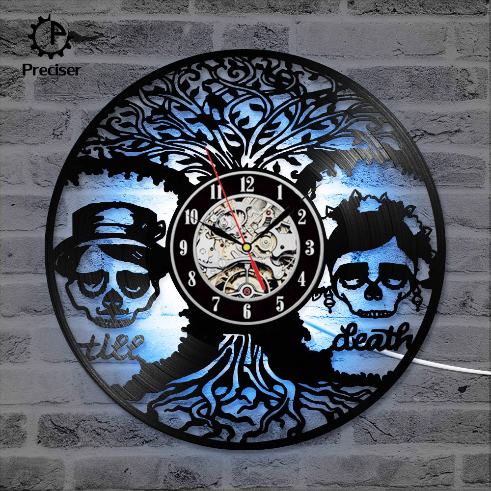 Skull Husband and Wife Ornament Vinyl Wall Clock Flowers and Trees