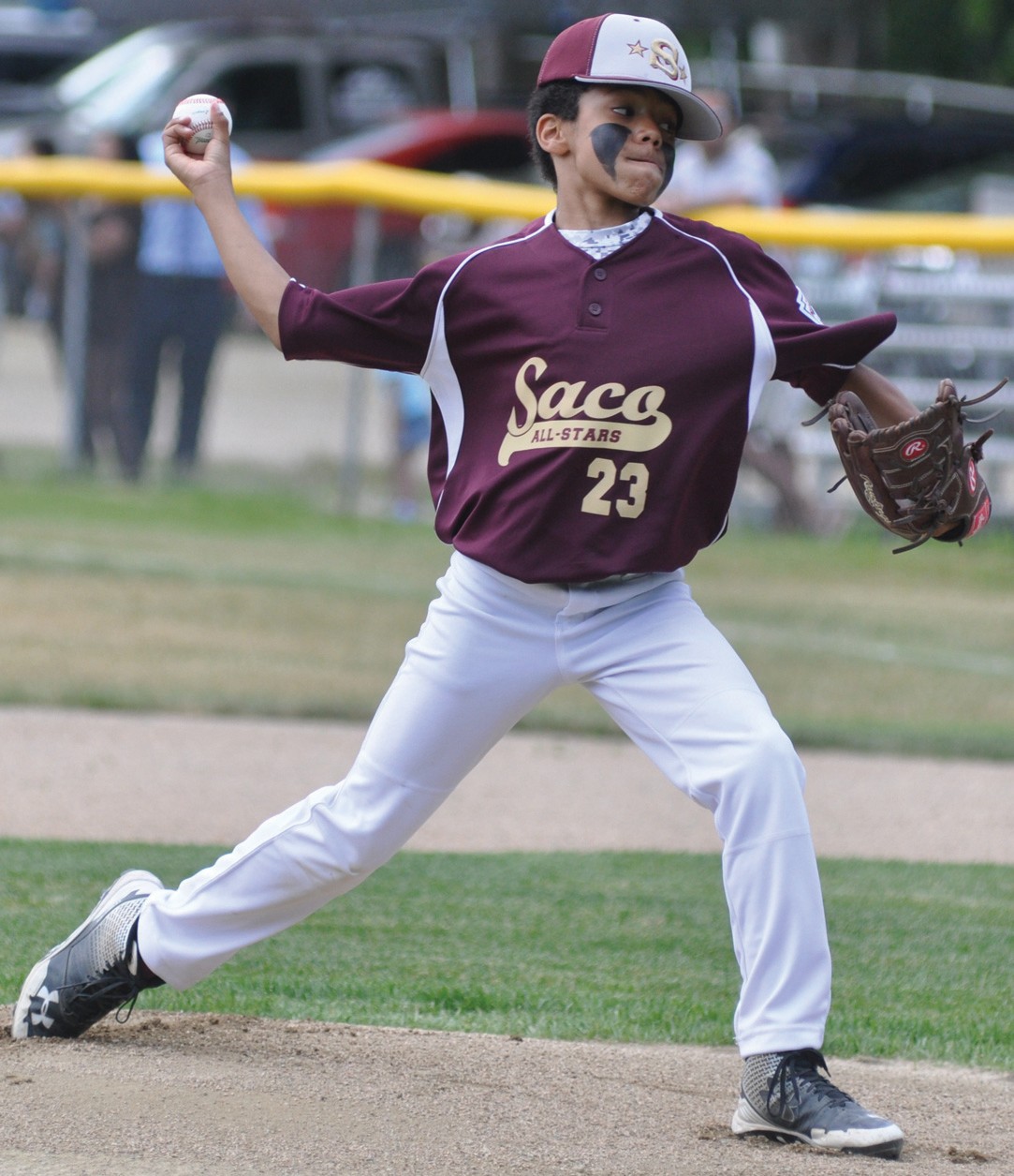 Saco’s Anthony Jones delivers a pitch in the first inning of Monday’s 11-12 year old All-Star game against Kittery.