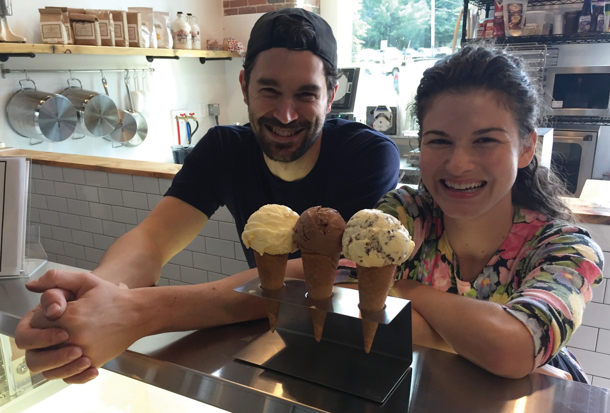 Jonathan Denton and Jacqui DeFranca at Sweetcream. The engaged couple recently opened their ice cream and coffee shop in the Pepperell Mill Campus in Biddeford.