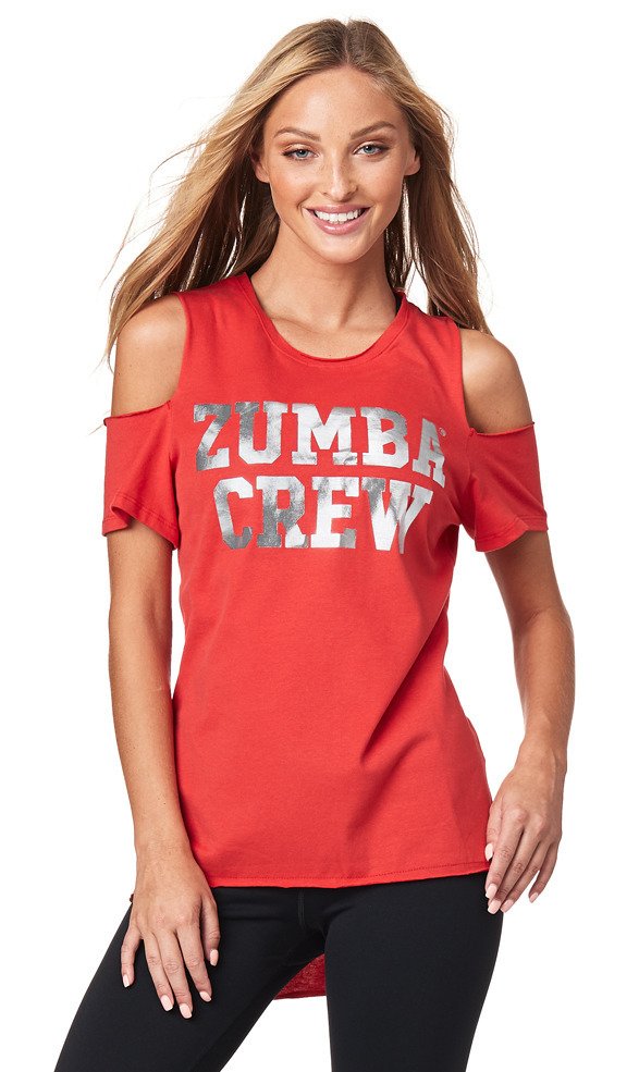 Zumba Crew Cold Shoulder Top sz Large Well Red