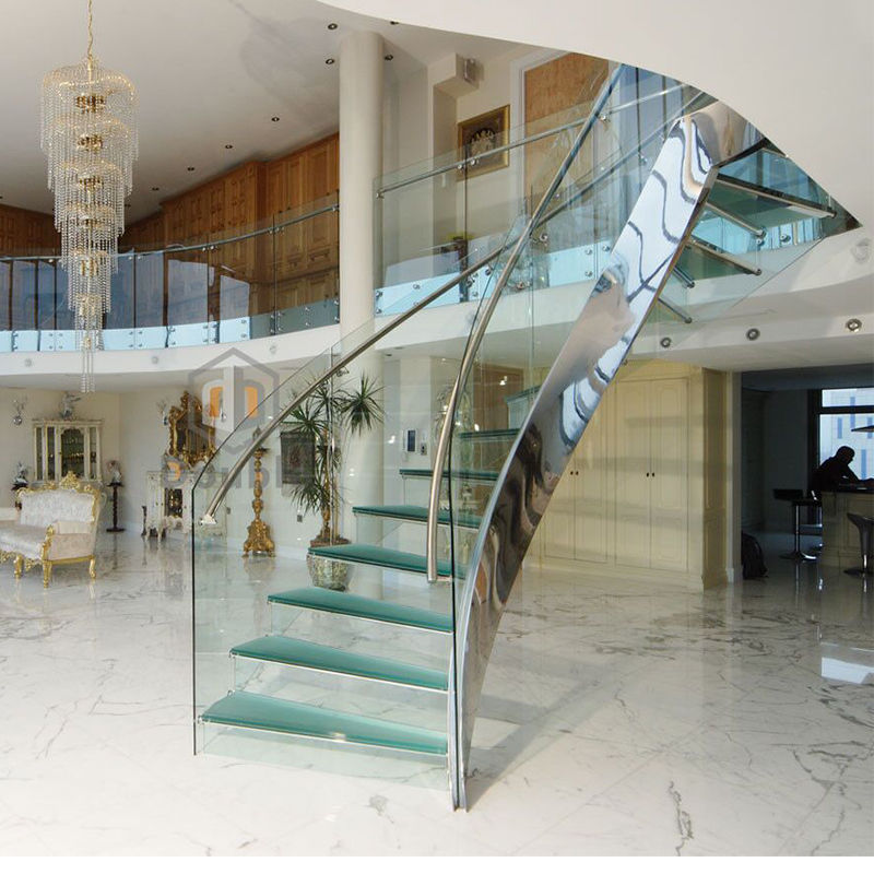 Glass Curved Staircase with Wood Tread Stainless Steel Handrail