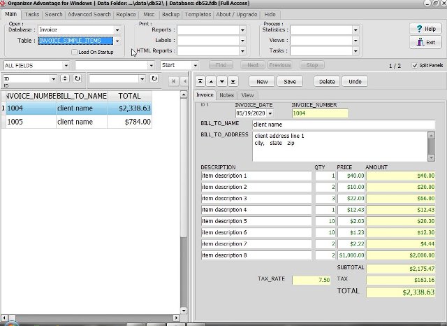 Free Invoicing Billing database template for Organizer Deluxe and Pro