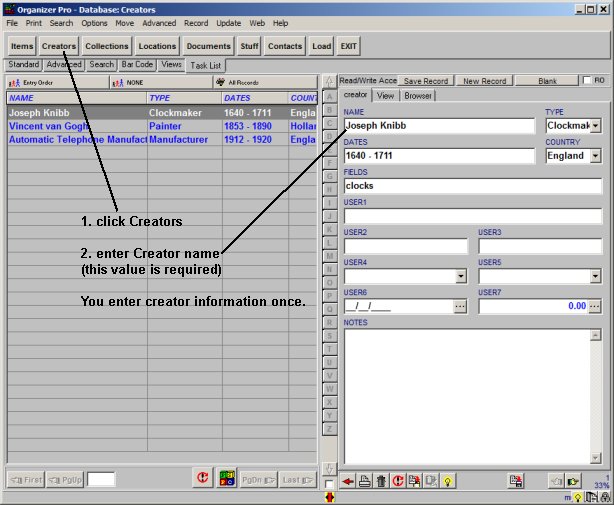 museum inventory software how to enter creators